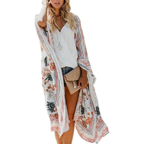 Boho Floral Kimono Duster Cardigan Top - Picture 3 of 7